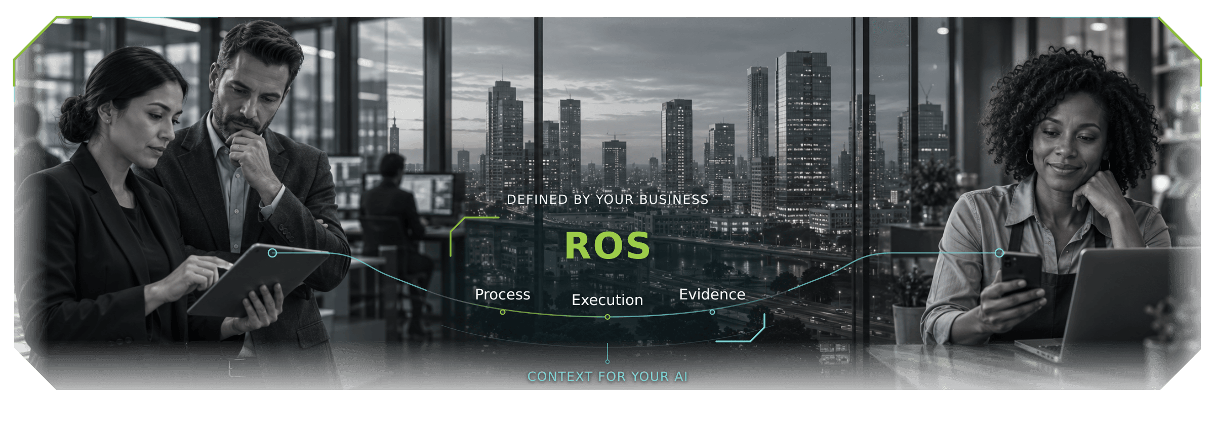 ROS connects a business-defined process, execution and evidence to context for AI, over a photograph of people using digital devices.